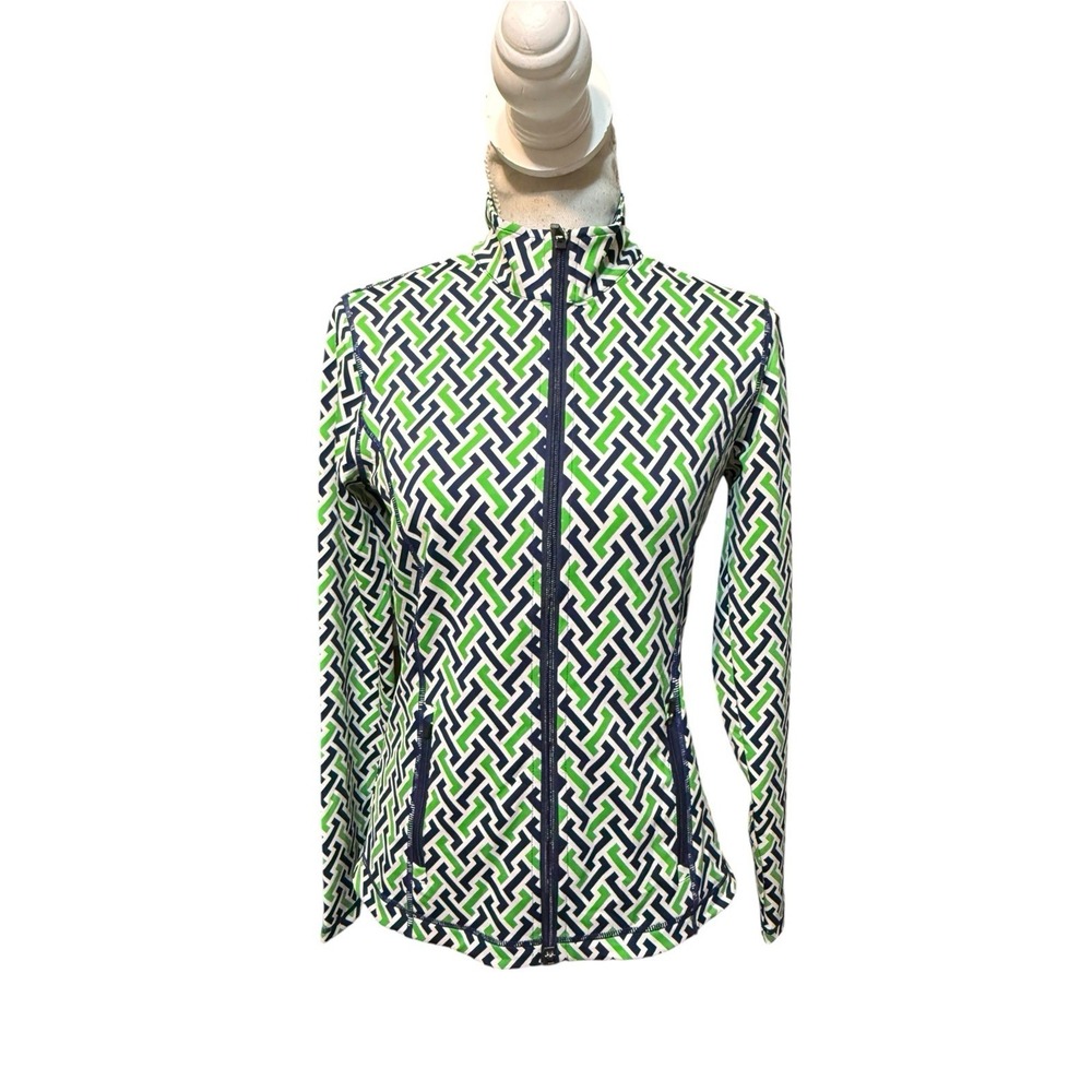 J MCLAUGHLIN BILLIE Womens Small Green Navy Geo Print Stretch Full Zip Jacket